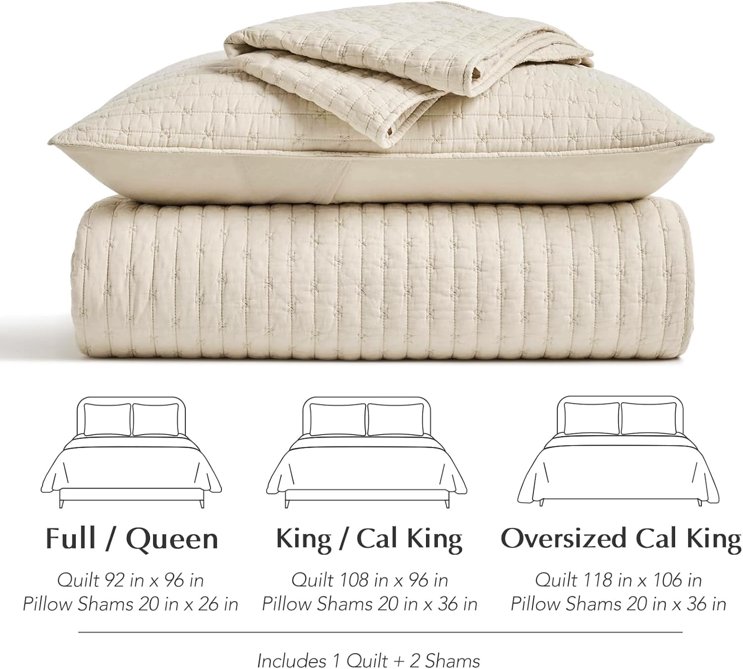 EVERGRACE Cross Stitch Pre-Washed Cotton Quilt Bedding Set King Size, Oversized 3 Pieces Lightweight Bedspread Coverlet for All Season, with 2 Matching Shams, Flax Beige,118"x106"