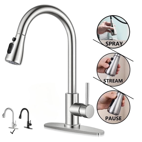 Kitchen Faucet with Pull Down Sprayer, High Arc Single Handle Kitchen Sink Faucets with Pause Button Premium Brushed Nickel with Deck Plate Suit to 1 or 3 Holes