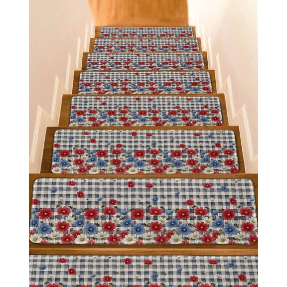 Independence Day Stair Treads Non Slip for Steps Watercolor Red Blue White Daisy Farm Bee Black Plaid 4 Pcs Reusable Adhesive Stair Runner Mats for Home Carpet Treads Rugs for Staircase 8x30 In
