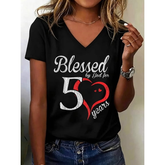 Retro Blessed by God for 50 Years - Christian 50th Birthday V Neck T-Shirt Cotton Women's V Neck Graphic Tee, Casual Short Sleeve Shirt,Vacation Outfit