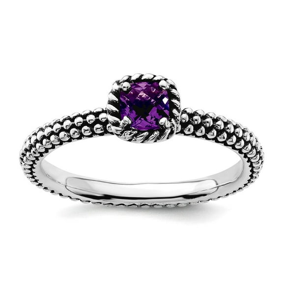 2.5mm 925 Sterling Silver Prong set Oxidized Stackable Checker-cut Amethyst Antiqued Ring Size 8 Stackable Ring for Wome