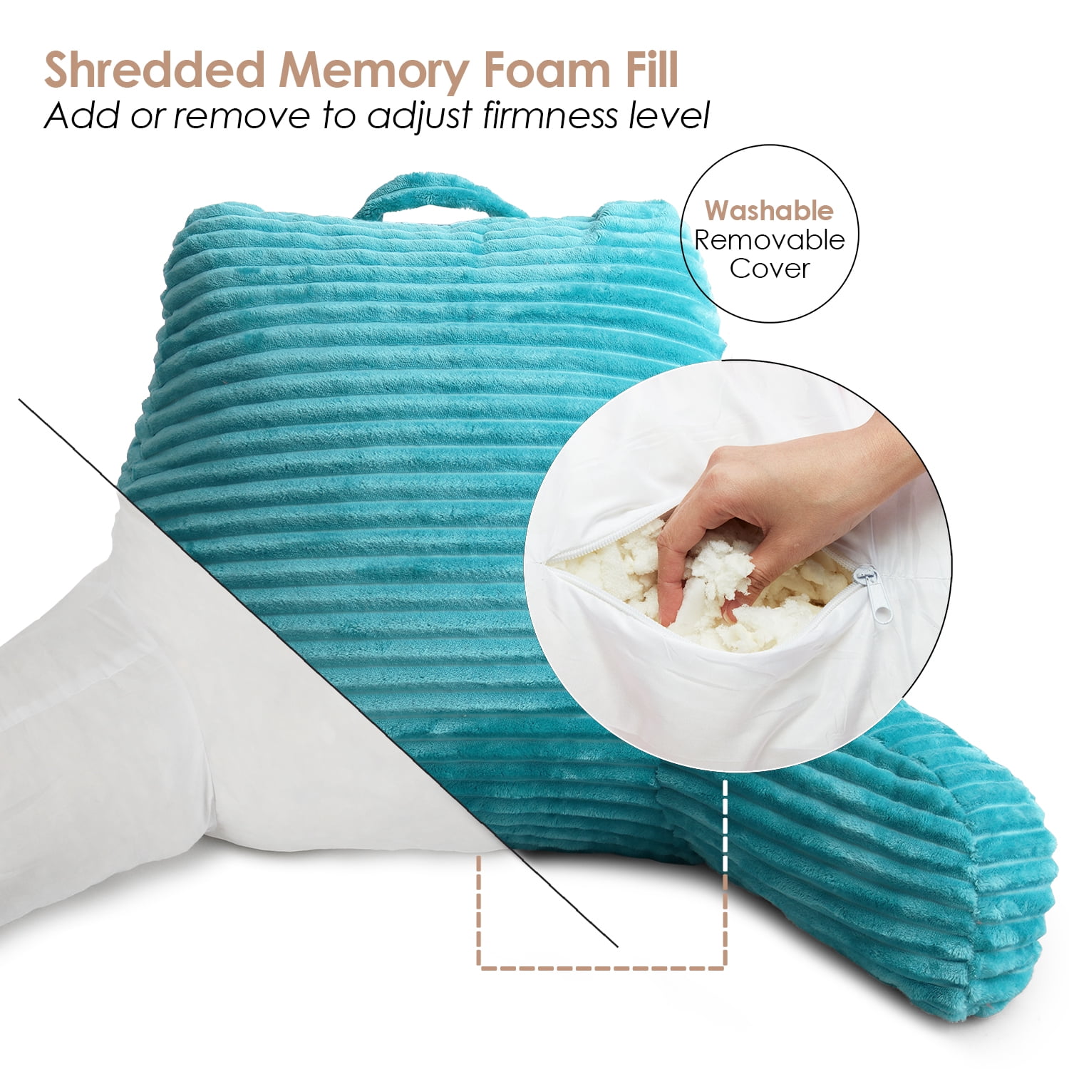 Clara Clark Backrest Reading Pillow with Arms, Shredded Memory Foam Bedrest Pillow, Medium, Teal