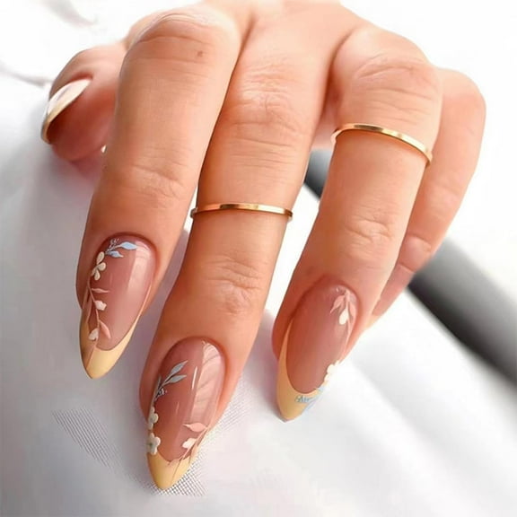 French Tip Press on Nails Medium Almond Fake Nails Press ons with Designs Chrome False Nails Long Glossy Full Cover Glue on Nails Cute Acrylic Stick on Nails for Women Nails Manicure Decoration 24Pcs
