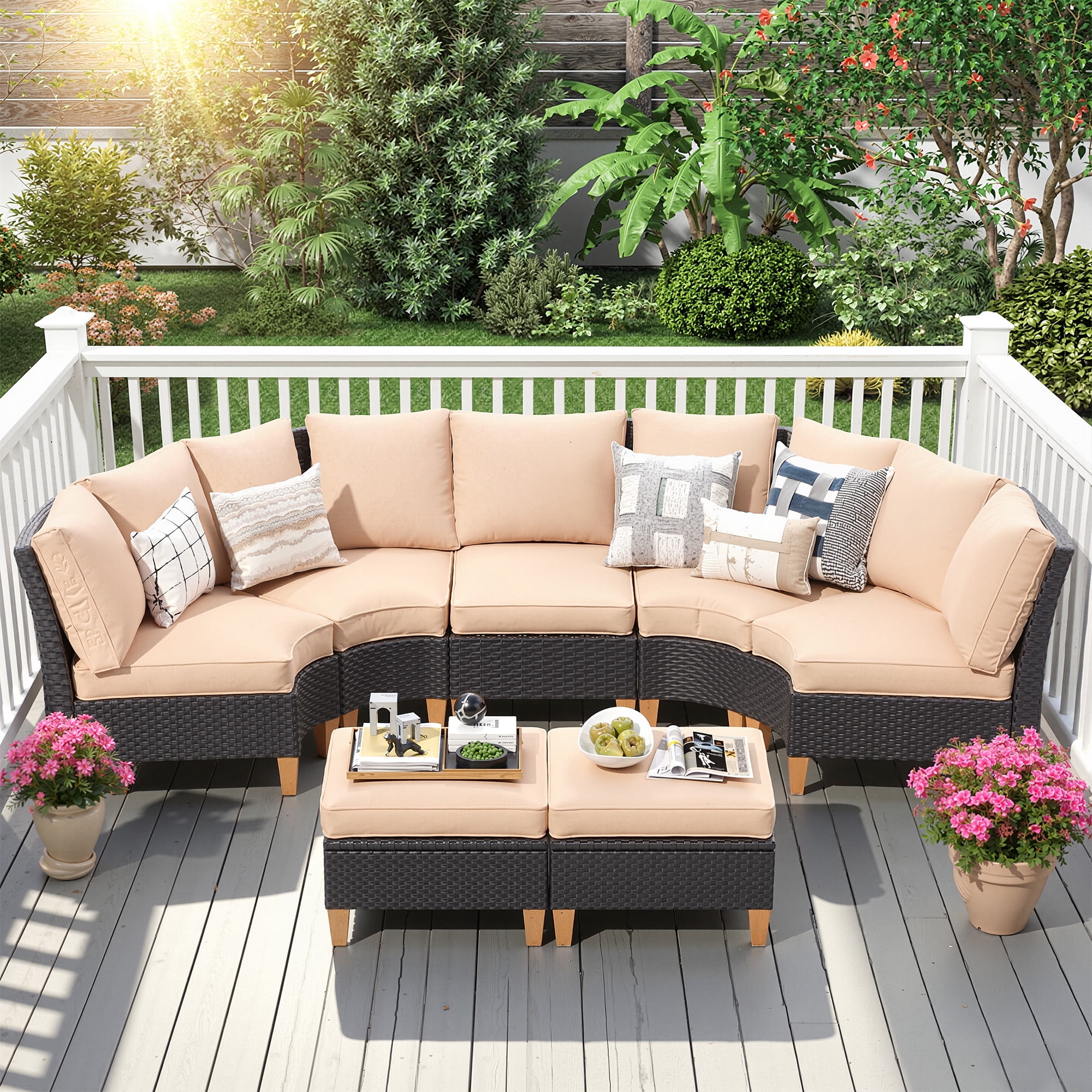 MAYEERTY 7-Piece Outdoor Patio Curved Rattan Sofa Set with Fan-shaped Seats, Middle Chair & Ottomans