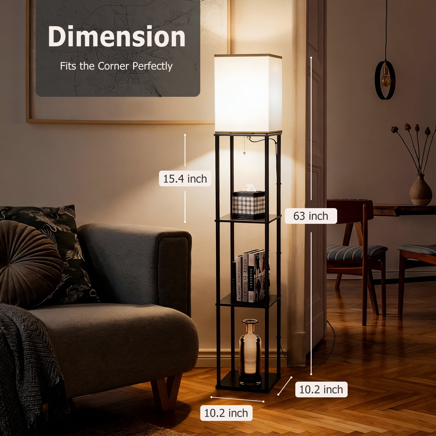 Coliware 63" Black Floor Lamp with Shelves, 3-Tier Wood Modern Standing Lamp with 3 Adjustable Color Temperature, Corner Display Bookshelf for Living Room Bedroom, LED