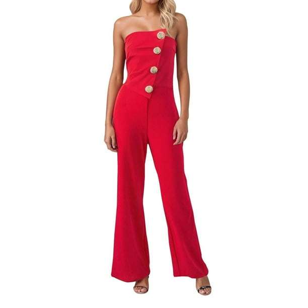 Mono con hombros descubiertos y detalle de botones para mujer - Pantalones acampanados, verano, S-XXL