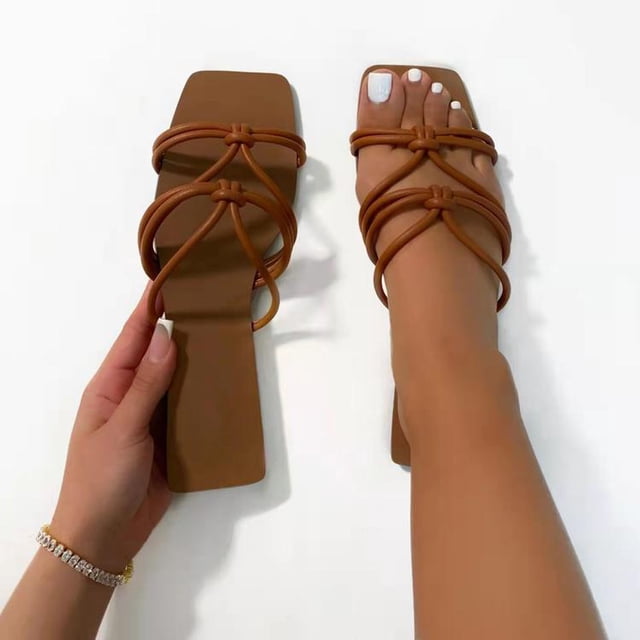Pantuflas frescas de playa de fondo plano con punta abierta tejida para ropa de vacaciones de ocio para mujer Wmkox8yii ytu2851