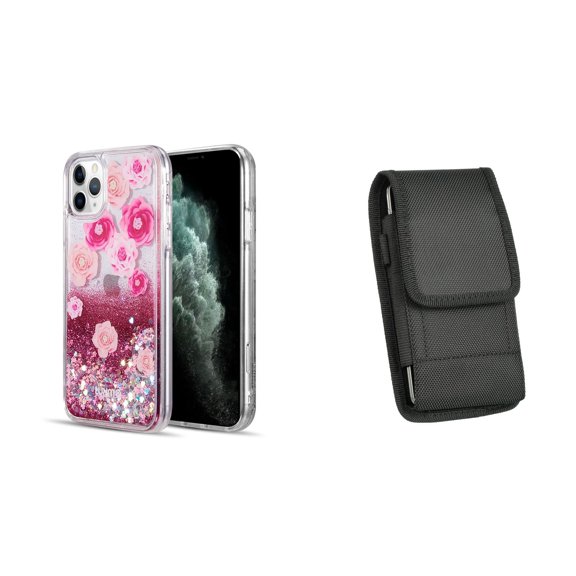 Liquid Glitter Case for iPhone 14 Pro and Belt Holster Pouch - Pink Flowers