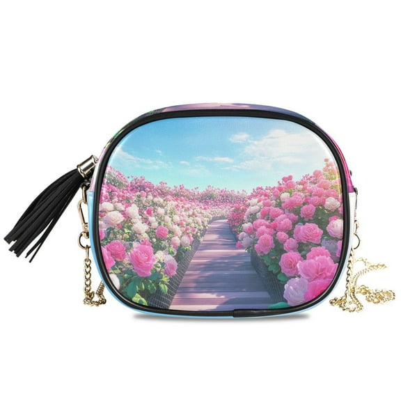 Womens Casual Chain Shoulder Bag Simple style Blooming Pink Rose Garden Crossbody Bag