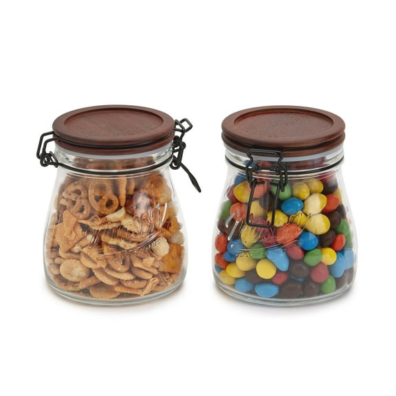 Mason Craft & More Set of 2 Airtight Small Carafe Glass Clamp Jars with Acacia Wood Lids, Clear Mason Jar Storage Canisters, 0.87 Liter (29.4oz)