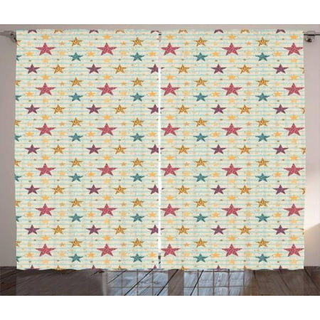 Stars Curtains 2 Panels Set Hand Drawn With Dotted Pastel Stripes Background Doodle Style Bohemian Design Window D For Living Room