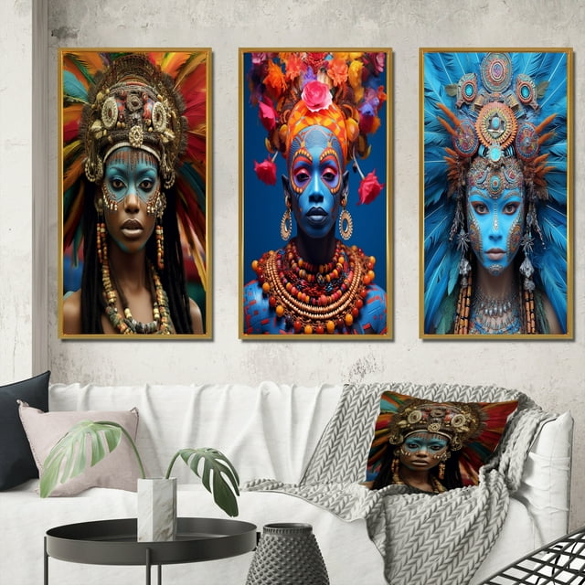 Designart "Festive Slavic Spiritual Portraits VIII" Boho Woman Framed Wall Art Set Of 3 - Red Woman Boho Frame Gallery Set For Office Decor