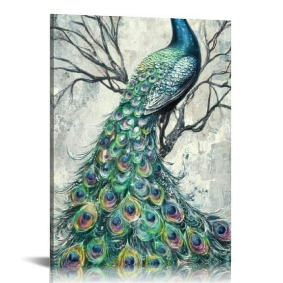 FCXZI Large Peacock Picture Canvas Wall Art Abstract Blue and Grey Animal Painting Artwork for Modern Home Bedroom Decoration Ready To Hang 12x16in