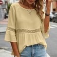 thumbnail image 5 of thefmos Women Summer Round Neck 3/4 Sleeve Lace Trim Flowy Boho Casual Pullover Tops Dressy Casual Loose Blouses Fall Shirts Clothes, Khaki XL, 5 of 8