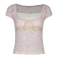thumbnail image 1 of WEAIXIMIUNG Custom T Shirts V Neck Woman Bling Sweet Lace Stitching Pullover Short Top French Square Neck Lace Up Slim T Shirt, 1 of 4
