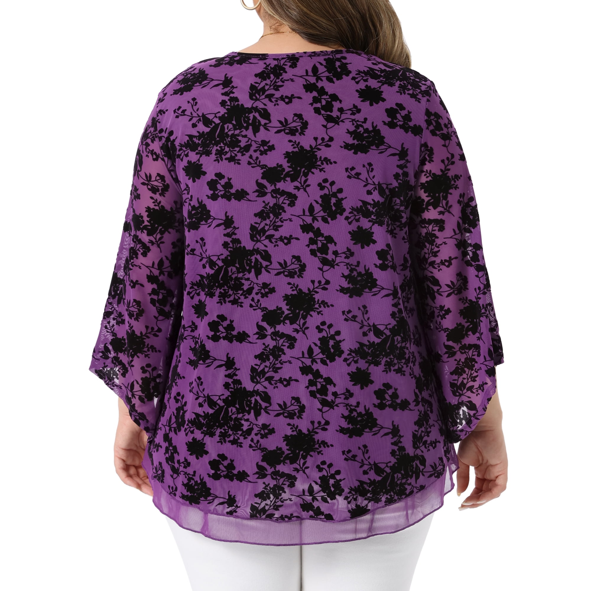 DARING DIVA Women's Plus Dressy V Neck Mesh Casual Flowy Blouse 3X Purple