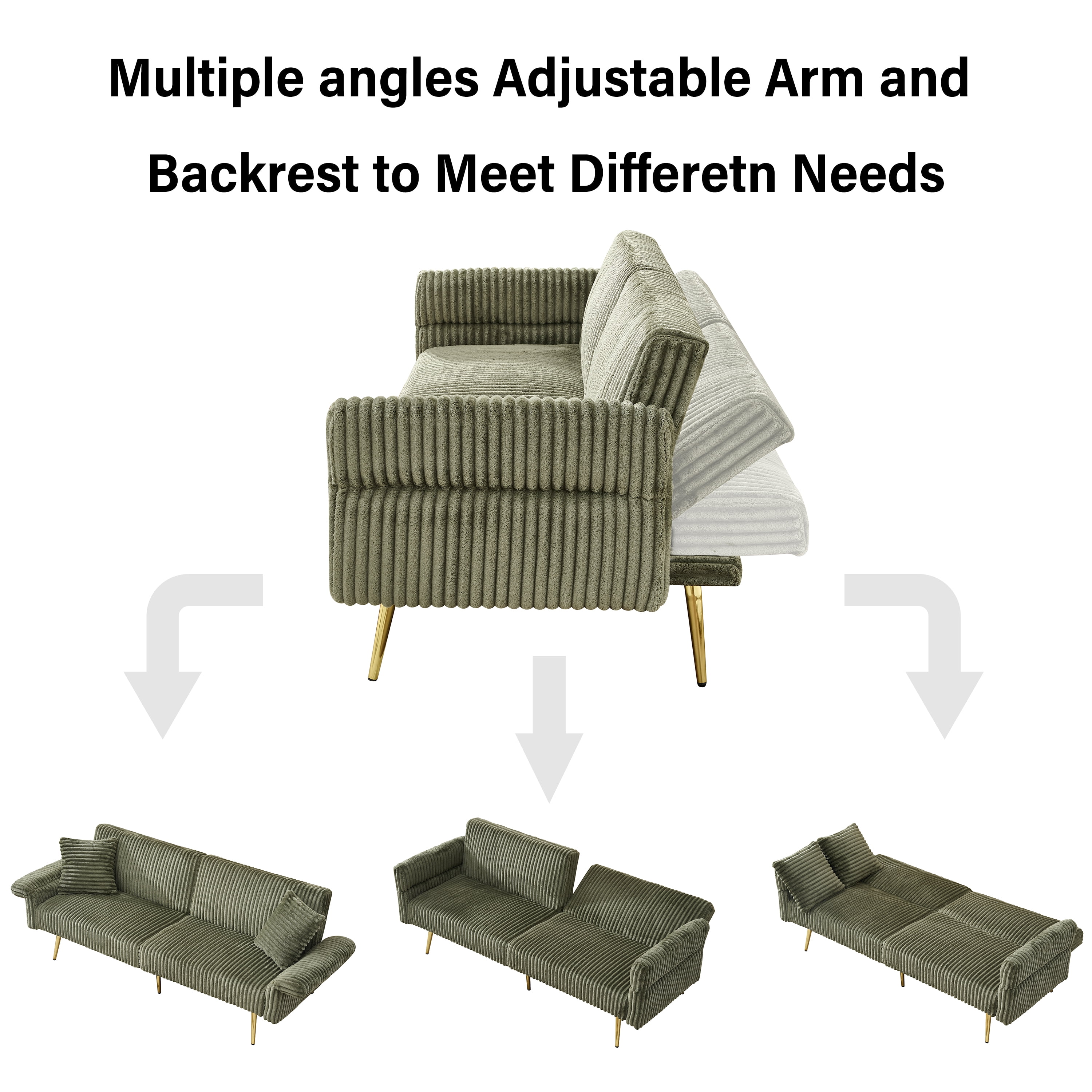 Gewnee Modern Corduroy Futon Sofa - Adjustable Backrest Convertible Sleeper, Soft Couch for Living Room & Small Apartment
