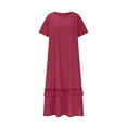 thumbnail image 3 of qucoqpe Womens Summer Long Maxi Dress Crew Neck Short Sleeve Ruffle Hem Slit T-shirt Dress Casual Loose Sun Dress with Pockets, 3 of 6