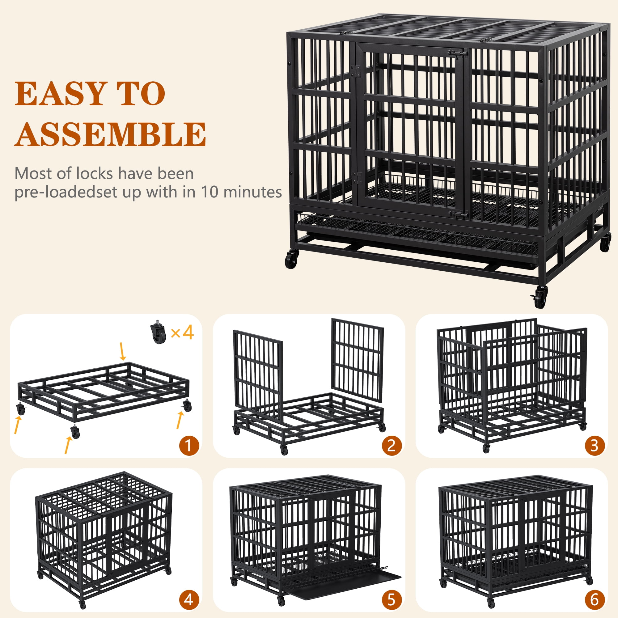 48" Heavy Duty Stainless Steel Dog Cage with Double Doors Divider Panel & Removable Tray for Indoor Outdoor Black