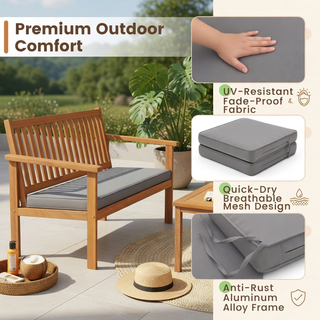 Hommoo 4-Piece Acacia Wood Patio Furniture Set, Cushioned Loveseat, 2 Chairs & Coffee Table for Backyard, Poolside, Porch, Gray