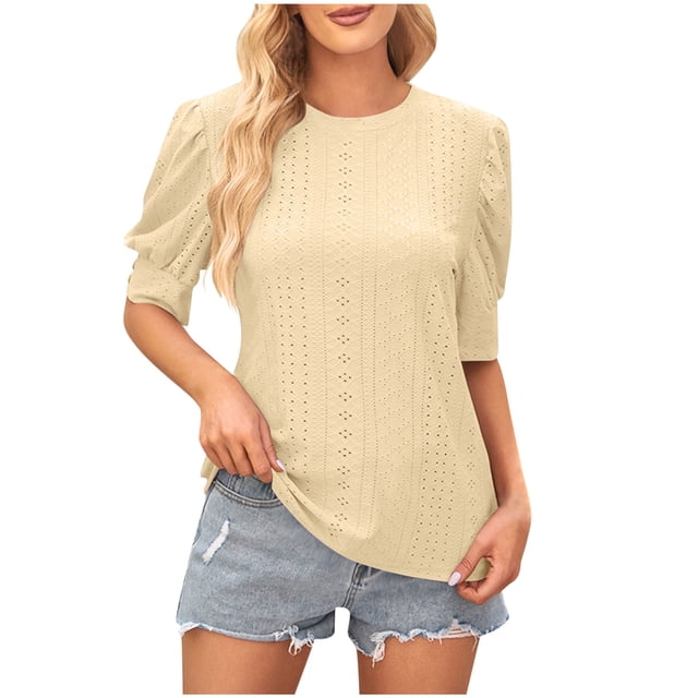 Timegard Womens Tops Eyelet Round Neck Puff Short Sleeve Button Comfy Solid Color Dressy Casual Tunic Shirts