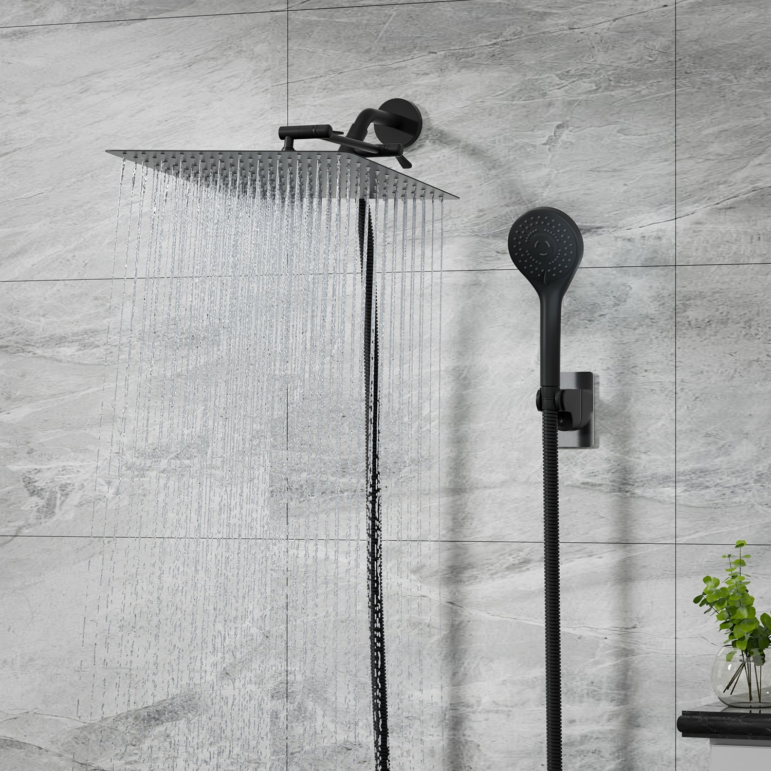 DTIG 12 inch Rain Shower Head, 5-Setting High Pressure Shower Head with Handheld, Shower Bracket and Hose Black