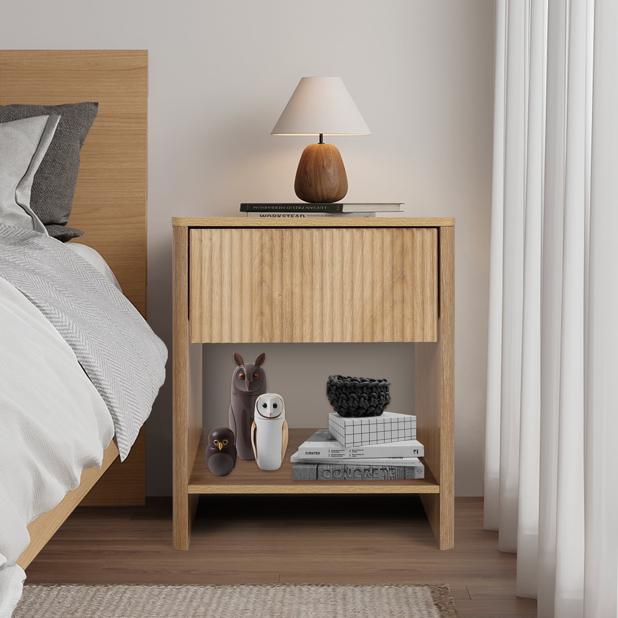 Weselon Modern Fluted Nightstand Set of 2, Curved Side Bedside Table with Drawer and Open Shelf for Bedroom, Natural Oak