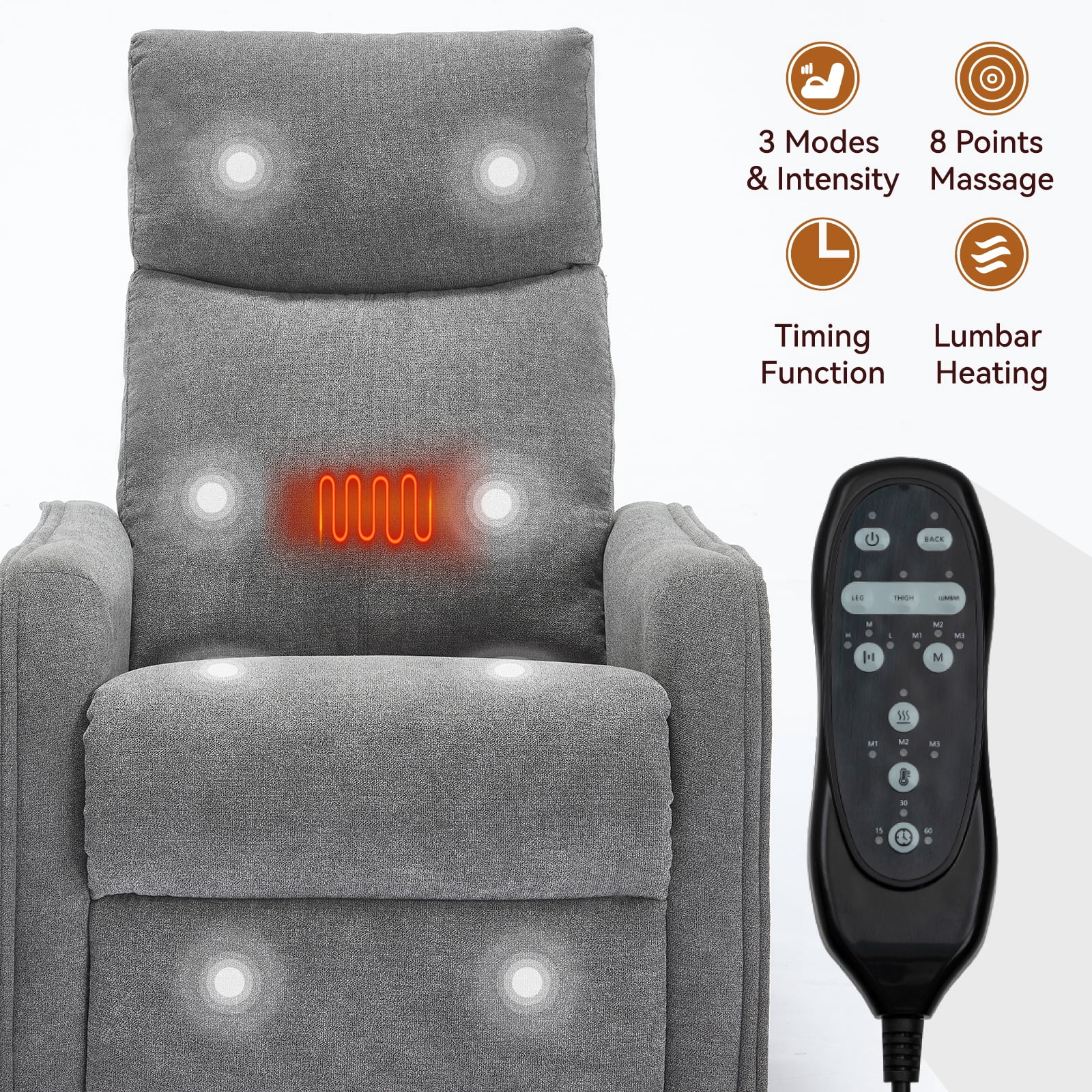 Bellemave Manual Recliner Chair with Massage and Heating Home Theater Recliner Rocking Chair Rocker Chair with High Back in Fabric for Living Room, Bedroom (Gray)