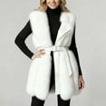 thumbnail image 2 of Leather Patchwork Women's Fuzzy Vests Sleeveless Mid-Length Warm Elegant Jacket Outerwear Winter Coats with Belt, 2 of 4