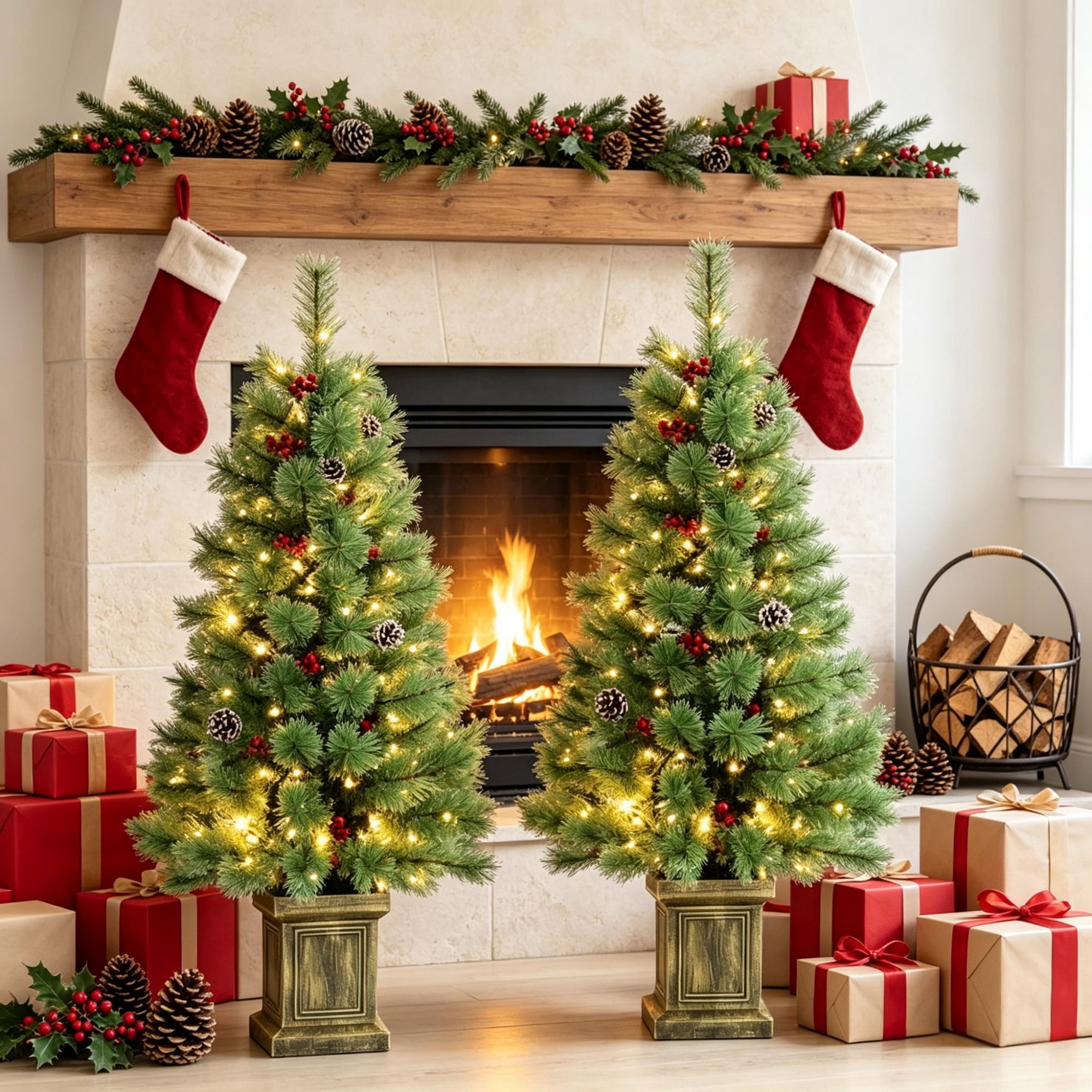 Pre-Lit Artificial Christmas Tree Set, 2 Matching Potted Pine Trees with Dual-Color LED Lights and Remote, 4 ft, 95 Tips Each