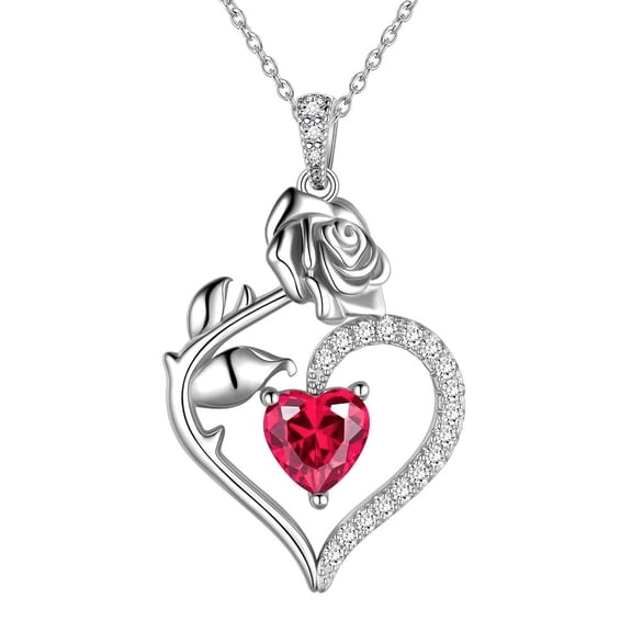 925 Sterling Silver Heart Rose Birthstone Necklace Fine Jewelry Mother's Day Anniversary Birthday Christmas Vlentine's Day Gifts for Women Female