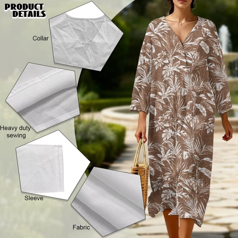 Xixirimido Boho Floral Orange Print Women's Casual 3/4 Sleeve Midi Dress V  Neck A-Line Loose Flowy Linen Dress Beach Travel Long Dresses for Spring ...