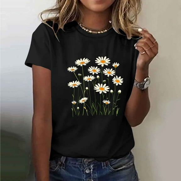 Womens Tops Short Sleeved Daisy Printed Round Neck T-shirt Black S
