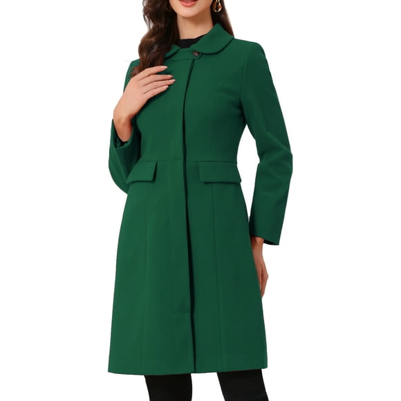 Abrigo de cuello Allegra K para mujer, con botones, de manga larga, estilo A-line, abrigos casuales largos de invierno, M Verde Oscuro