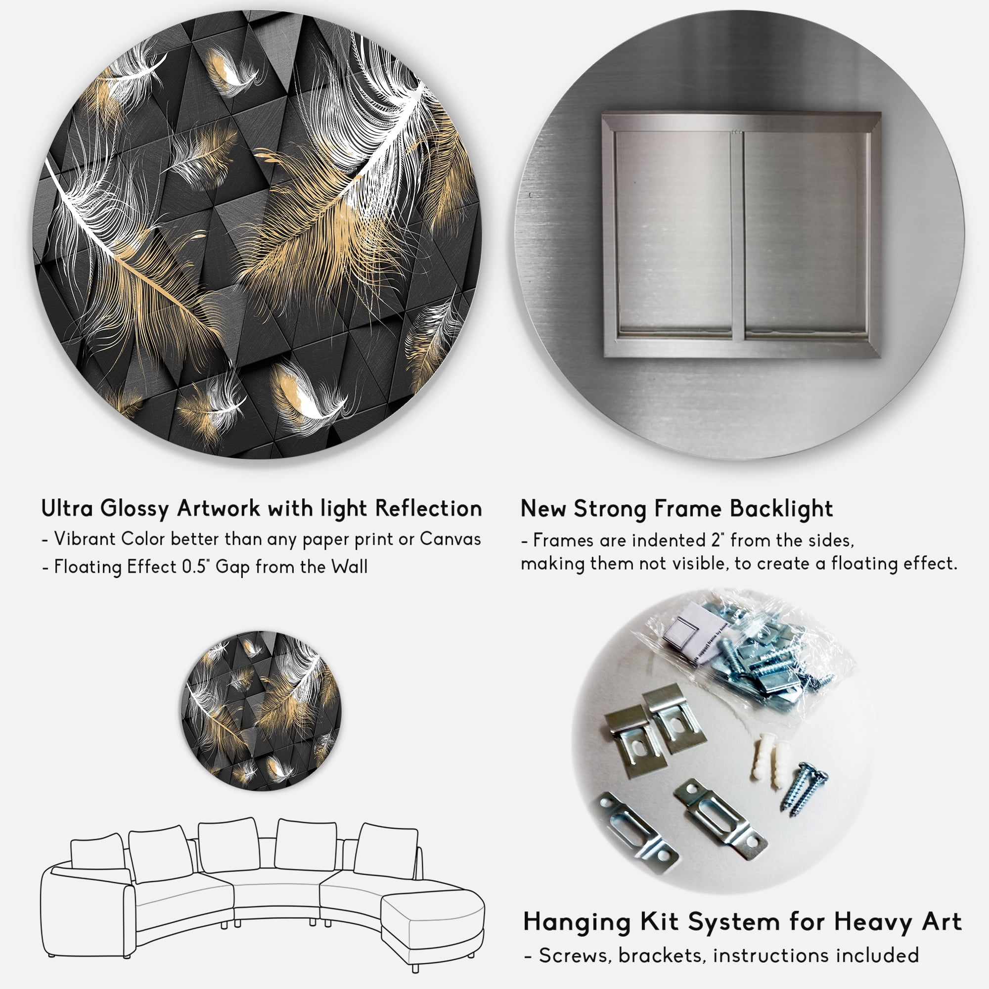 Designart 'Gold and White Feathers On Triangular' Modern Circle Metal Wall Art 36x36 - Disc of 36