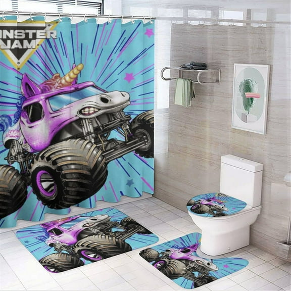 Sparkle Smash Monster Trucks 4 Pcs Shower Curtain Sets Non-Slip Rugs Bath Mat Toilet Cover U Shaped Mat for Bathroom Decor Mats