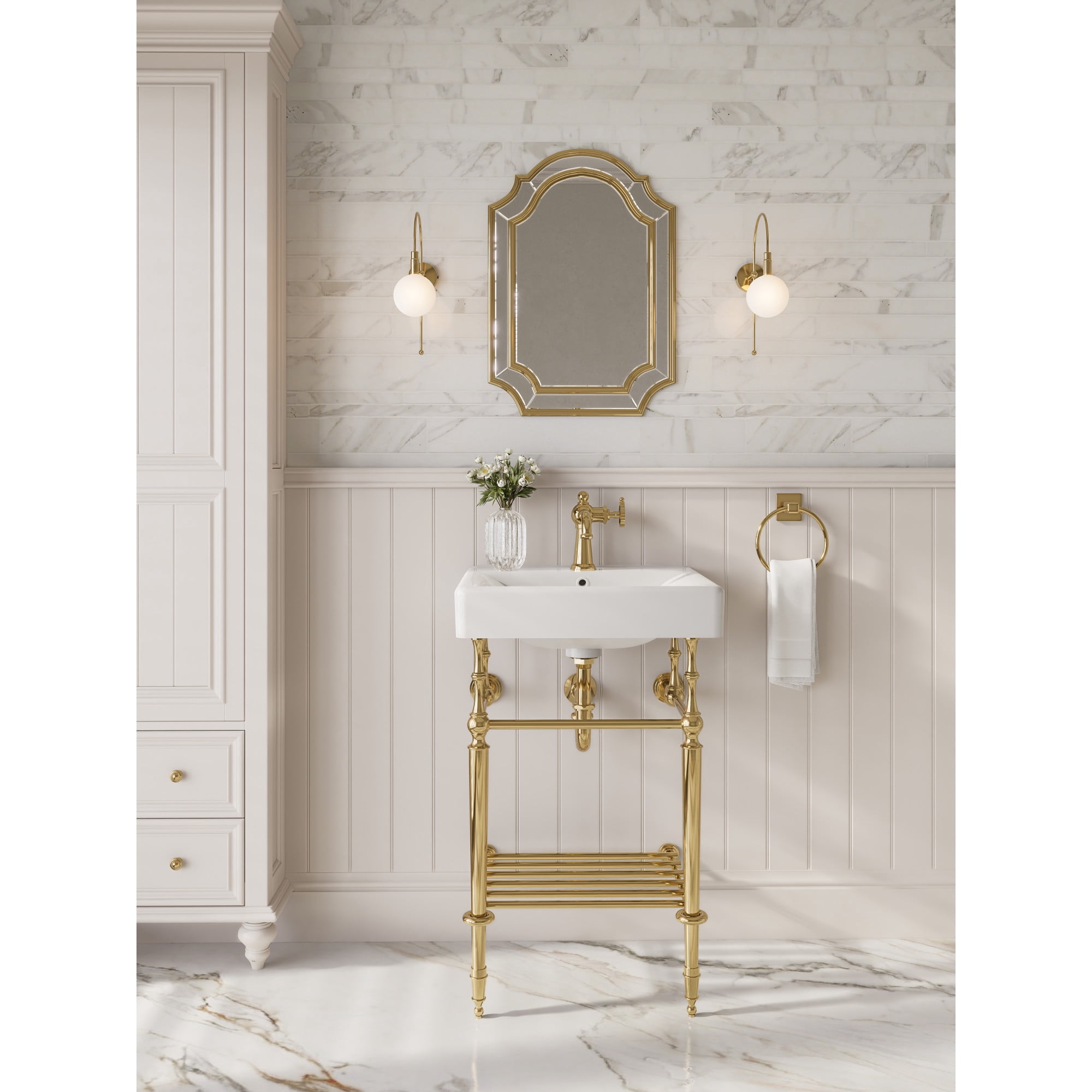 Kingston Brass KVPBH2018W11 Edwardian 20-Inch Ceramic Console Sink with Brass Legs and Shelf (1-Hole) in White/Polished Chrome