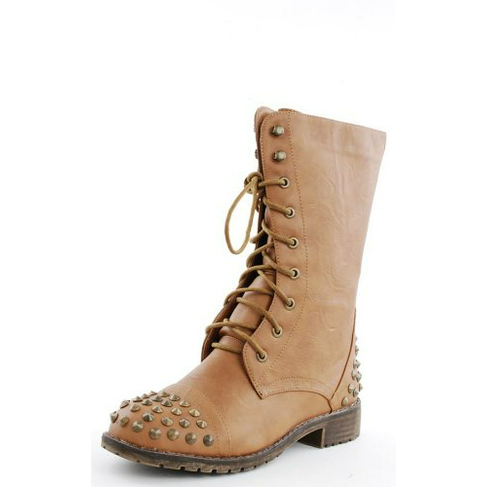 Fourever Funky - Studded Military Inspired Lace Up Mid Calf Combat ...