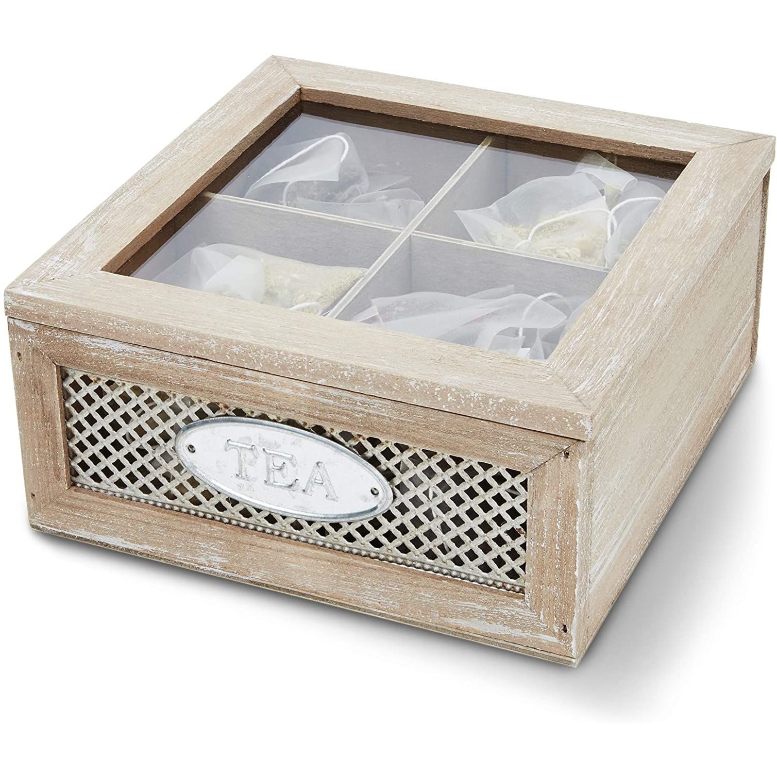 4 Compartments Tea Box Sachets Display Storage with Window Wooden Finish