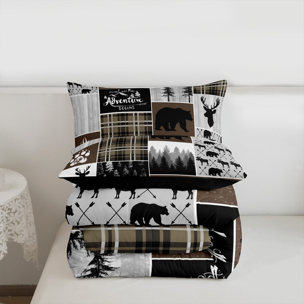 Hunting Bear Deer Bedding Comforter Sets, Rustic Cabin Patchwork Comforter Set Twin, Buffalo Plaid Quilt Farmhouse Cowboy Woodland Duvet Insert Teens Adult Women Bedroom, Brown Gray