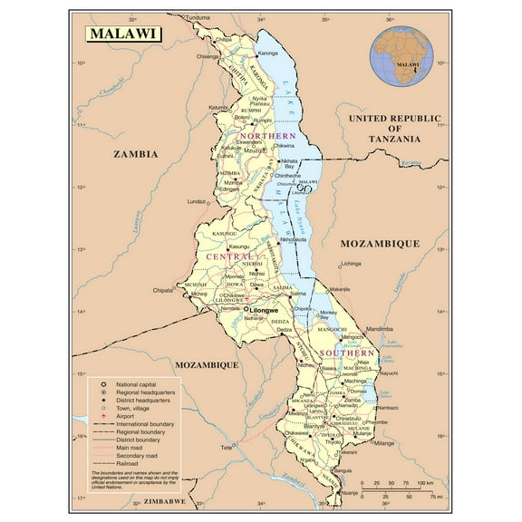 Palmetto Posters 24x31 Laminated Poster: Large detailed political and administrative map of malawi with roads railroads cities and airports