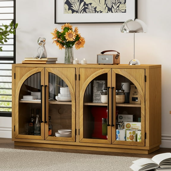 Harper & Bright Designs Large Sideboard Buffet Cabinet with storage, Kitchen Storage Cabinet with Arched Glass Doors and Adjustable Shelves, Natural Wood