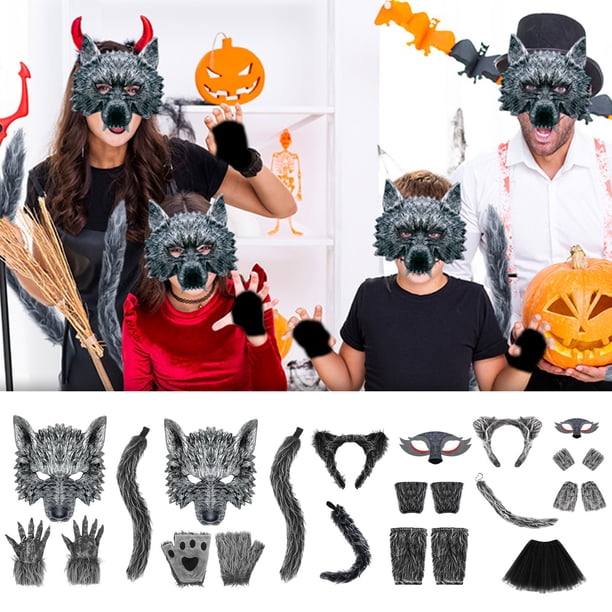 Disfraz de Hombre Lobo para Halloween | Orejas, Guantes, Cola y Máscara de Lobo Gris | para Hombres, Mujeres, Niños y Niñas | Juego de 4 Piezas