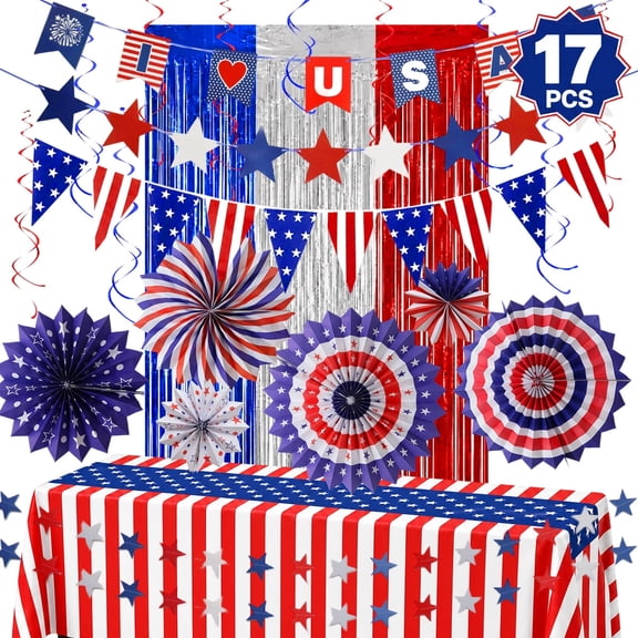 4th of July Decorations Set, Patriotic Party Supplies, Red White and Blue Paper Fans, USA Pennant Bunting Star Streamers Tablecloth for Independence Memorial Day