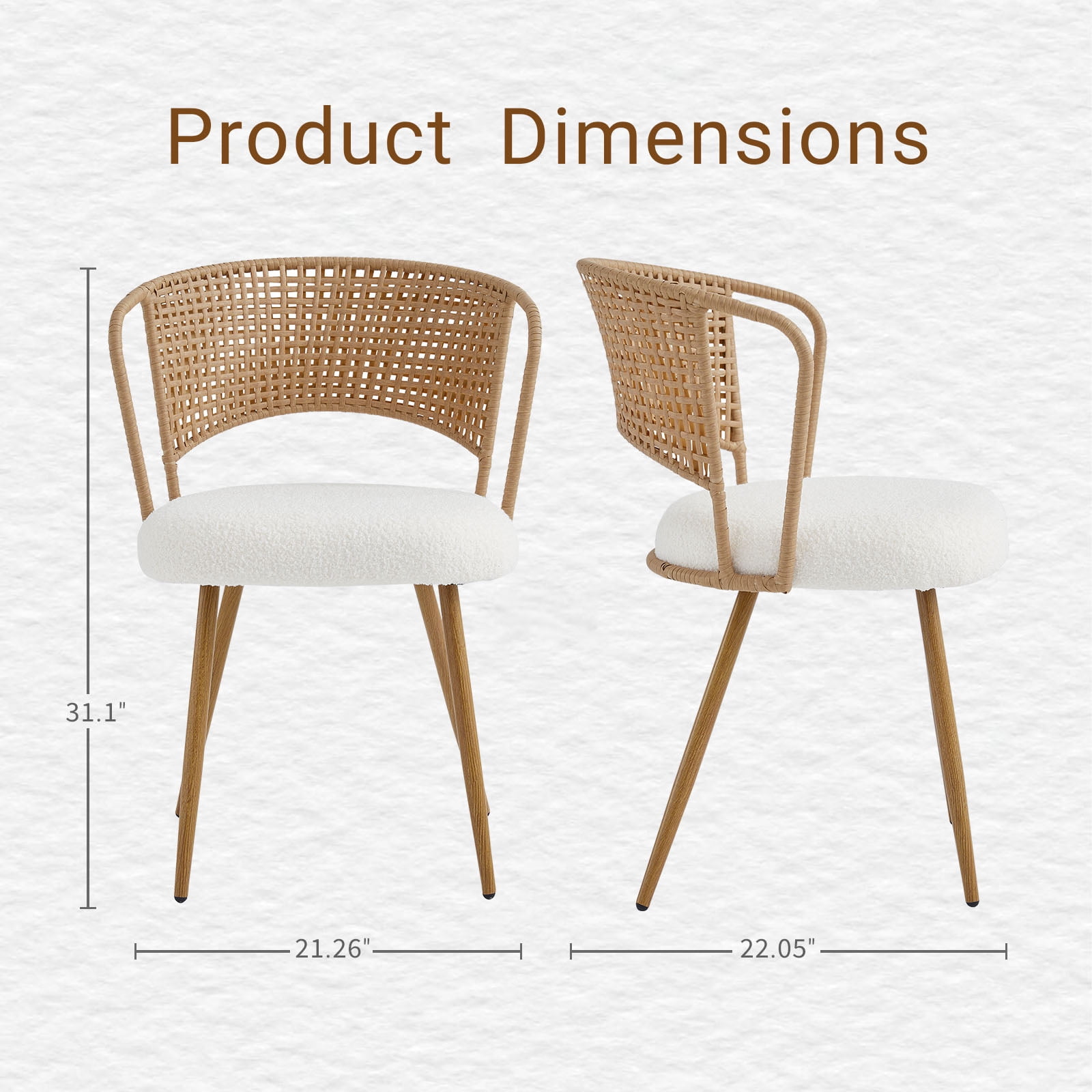 2-Piece Set Wicker Dining Chairs, Farmhouse Soft Cushioned Cane Back Kitchen Chair, Sponge Cushion, Wing-Back Dining Chair With Metal Legs, Suitable For Home And Kitchen (Brown)