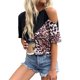 thumbnail image 1 of Camisa con estampado de leopardo y hombros descubiertos Camisa de verano con bloques de color de leopardo informal con cuello redondo y manga corta Negro M, 1 of 6