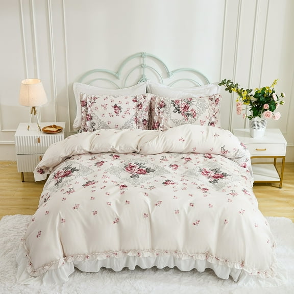 3 Pcs Floral Comforter Set Ruffle Vintage Rose Bedding Duvet Set Farmhouse Cottage French Coquette Bedding Soft Lightweight Red Flowers Printed Shabby Bed Comforter