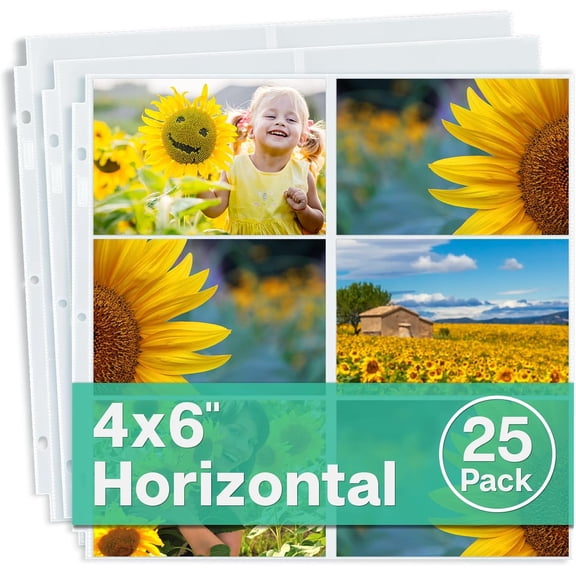 12x12 Scrapbook Page Protectors - 4x6 Photo Album Pages for 3-Ring Binder (25-Pack, Horizontal), Holds 300 Pictures, 13.1" x 12.7" Scrapbooking Refill Sleeves, Fits & WRMK Albums