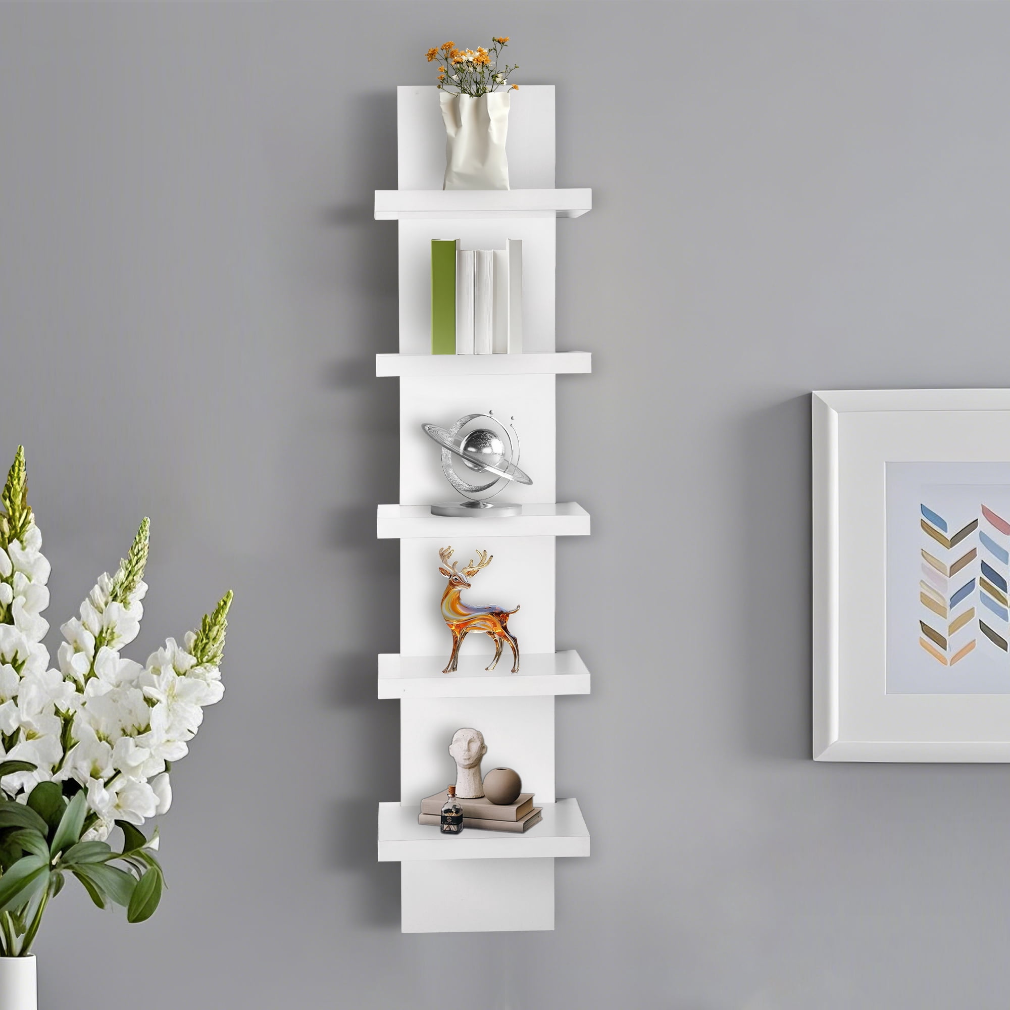 5 Tier Wall Shelf Unit, White Wall Shelf, Multifunctional Display Floating Shelf, Bedroom and Home Decor Organizer