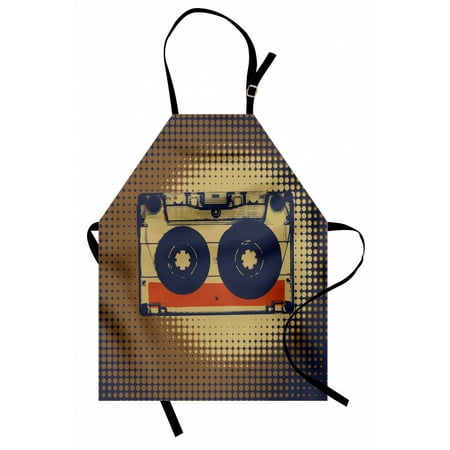 

70s Party Apron Audiocassette Retro Music Theme Pop Art Vintage Obsolete Happy Vibes Unisex Kitchen Bib Apron with Adjustable Neck for Cooking Baking Gardening Night Blue Tan Orange by Ambesonne